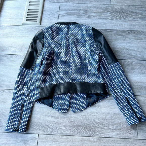 Zara Trafaluc Blue Black Tweed Faux Leather Moto Jacket - Picture 13 of 16